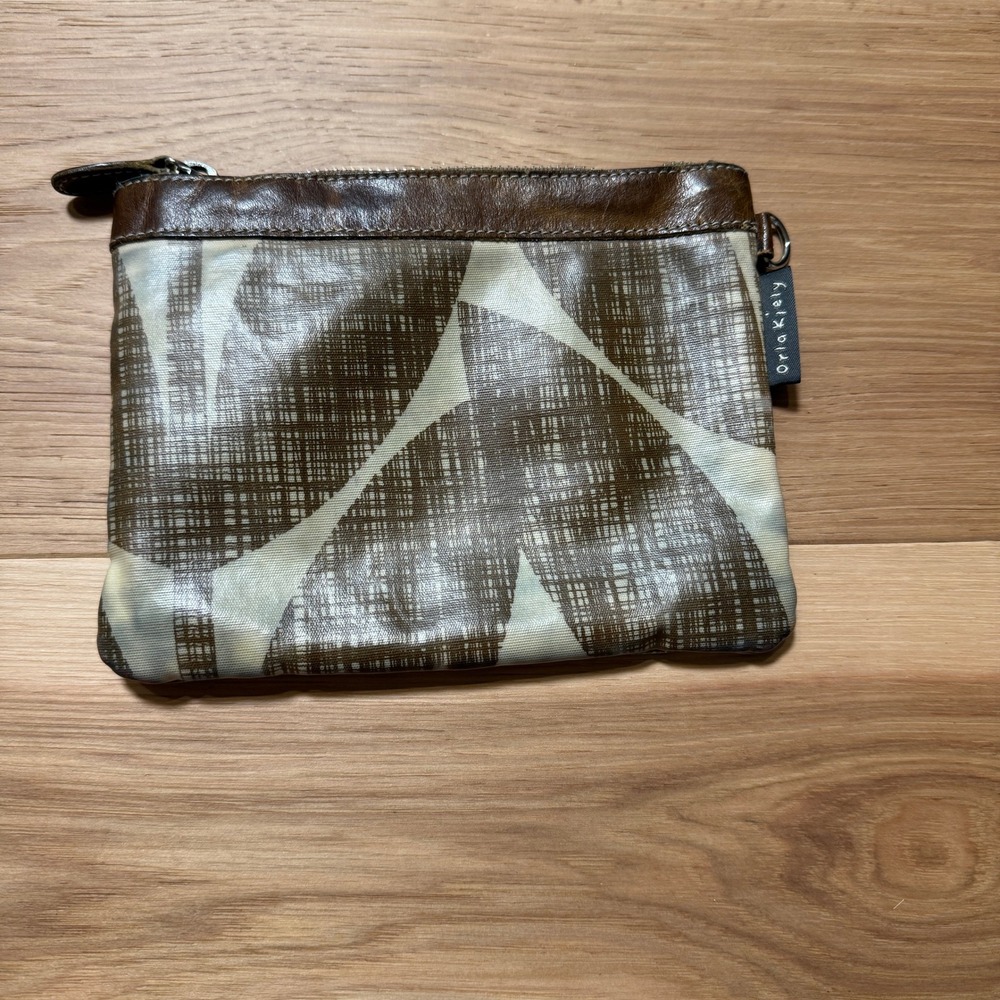 Orla Kiely Pouch Bag Women Small Brown Teal Floral Leather Trim Coated Canvas
